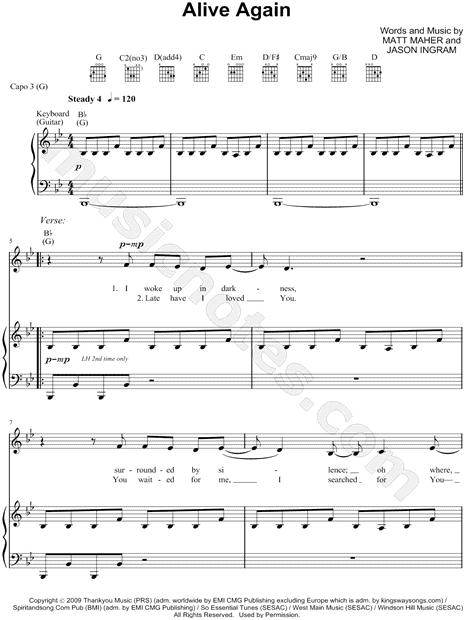 Matt Maher Alive Again Sheet Music in Bb Major (transposable) - Download  & Print - SKU: MN0078086