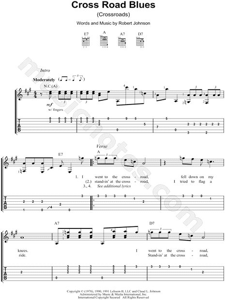 Robert Johnson: Cross Road Blues (Crossroads) sheet music for voice, piano  or guitar