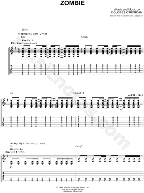 Zombie Sheet Music, The Cranberries, Easy Guitar