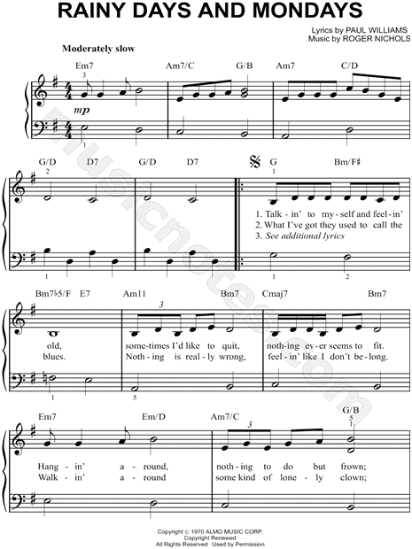 Rainy Days And Mondays sheet music for voice and piano (PDF)