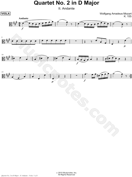 Quartet No. 2 In D Major, K. 155: II. Andante - Viola Part (String Quartet)