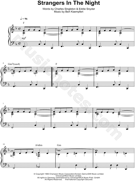 STRANGERS IN THE NIGHT Easy Piano Sheet music