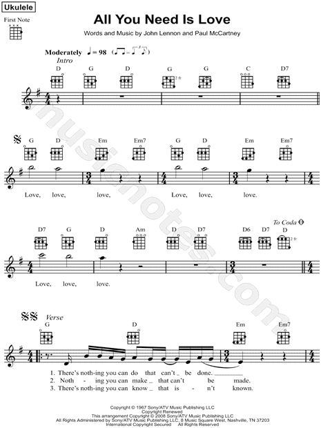 All You Need Is Love" Sheet Music by The Beatles for Ukulele/Vocal -  Sheet Music Now