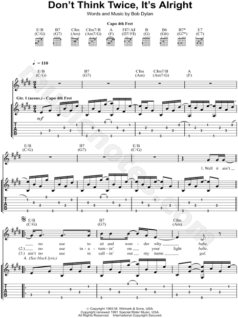 Don't Think Twice, It's Alright sheet music for voice, piano or guitar