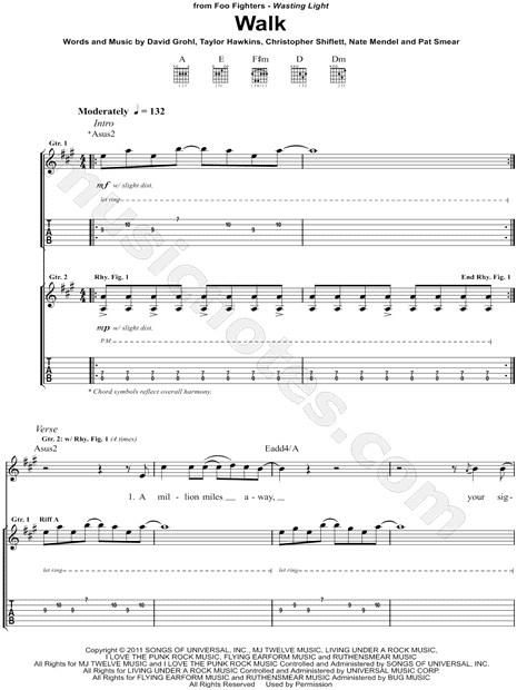 Foo Fighters Walk Guitar Tab in A Major - Download & Print - SKU:  MN0097029