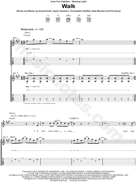 Foo Fighters Walk Guitar Tab in A Major - Download & Print - SKU