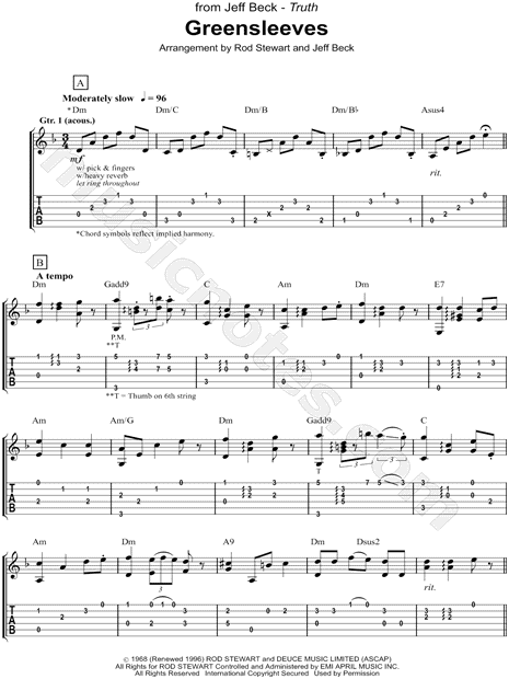 Jeff Beck: Greensleeves sheet music for guitar (tablature) (PDF)