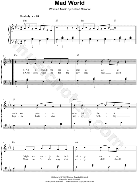 Mad World - Gary Jules Sheet music for Piano, Vocals (Mixed Trio)