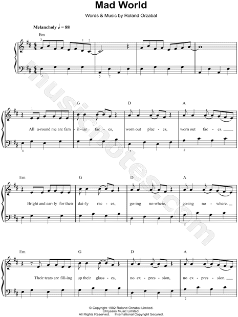 Mad World, (easy) sheet music for piano solo (PDF-interactive)