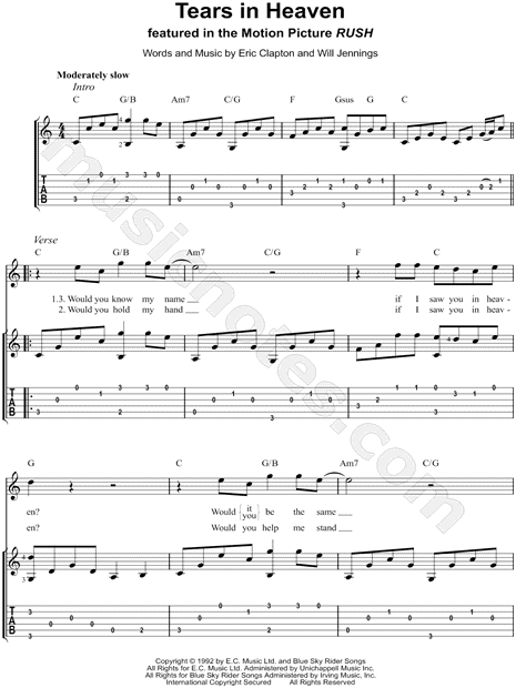 Tears In Heaven sheet music for voice, piano or guitar (PDF)