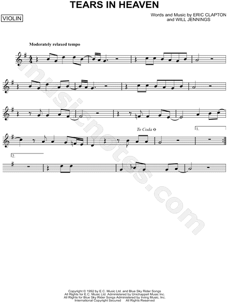 Eric Clapton Tears in Heaven Sheet Music (Violin Solo) in G Major -  Download & Print - SKU: MN0103329