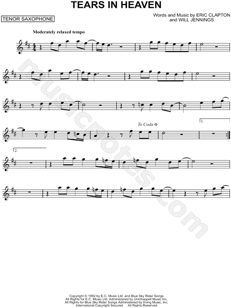 Tears In Heaven sheet music for alto saxophone solo (PDF)