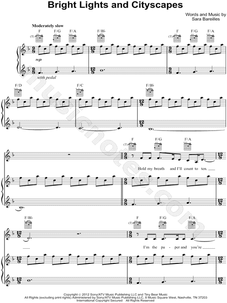 tempo Grøn hundrede Sara Bareilles "Bright Lights and Cityscapes" Sheet Music in F Major  (transposable) - Download & Print - SKU: MN0108005