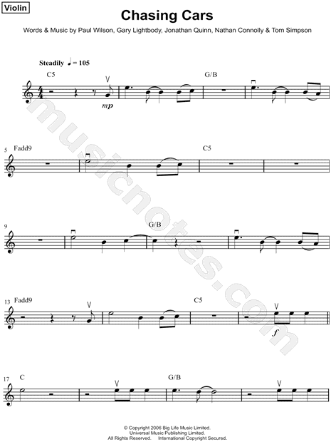 Snow Patrol Chasing Cars Sheet Music (Violin Solo) in C Major - Download  & Print - SKU: MN0113121