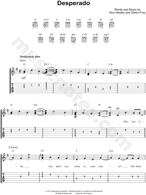 The Eagles Desperado Sheet Music Notes, Chords