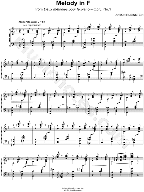 Melody In F sheet music for piano solo (PDF)