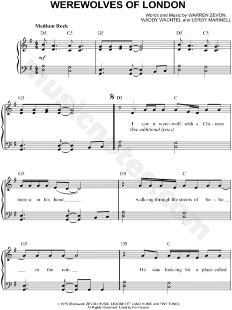 Werewolves Of London Sheet Music | Warren Zevon | Piano, Vocal & Guitar  Chords