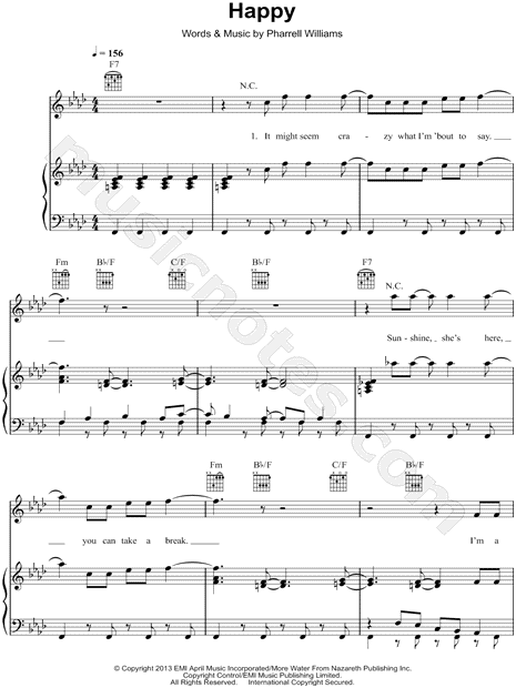 Pharrell Williams Happy Sheet Music in F Minor (transposable) - Download  & Print - SKU: MN0119660