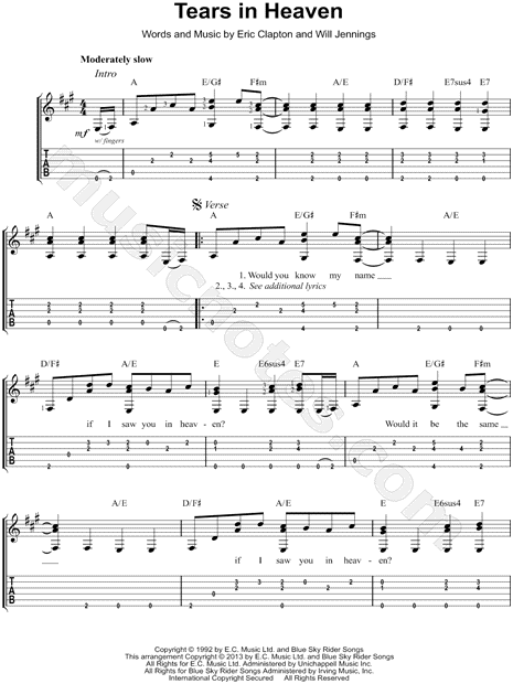 Tears In Heaven Sheet Music | Eric Clapton | Guitar Chords/Lyrics