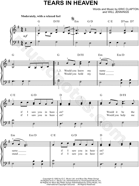 Eric Clapton 'Tears In Heaven' Sheet Music, Chords & Lyrics