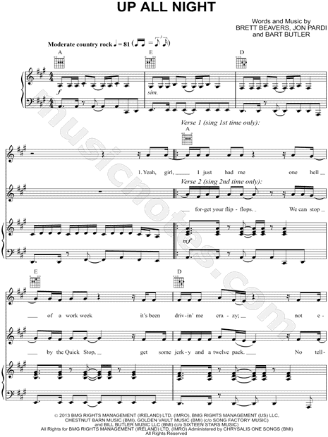 Jon Pardi Up All Night Sheet Music in A Major - Download & Print