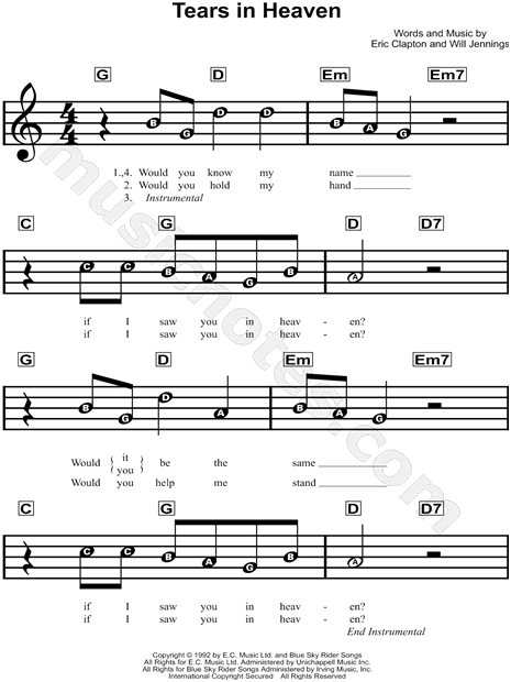 Eric Clapton Tears in Heaven Sheet Music for Beginners in C Major -  Download & Print - SKU: MN0130618