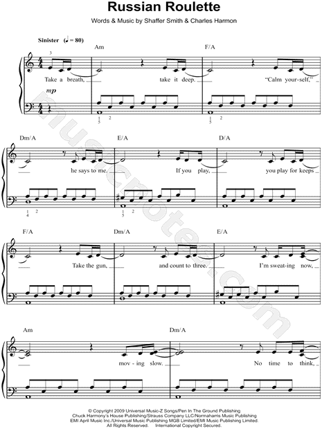 Rihanna Russian Roulette Sheet Music in F# Minor (transposable) -  Download & Print - SKU: MN0081623