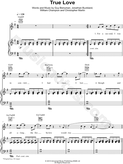 Coldplay True Love Sheet Music in G Major (transposable) - Download &  Print - SKU: MN0136171