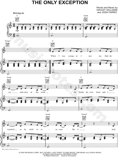 Paramore The Only Exception Sheet Music in C Major (transposable) -  Download & Print - SKU: MN0138334