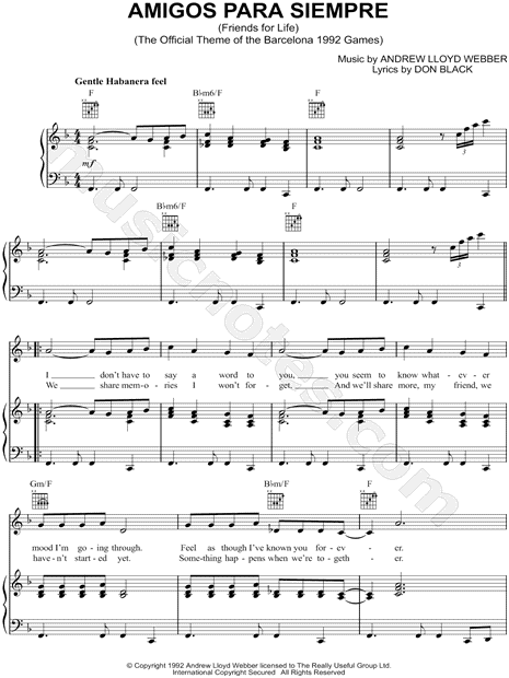 Andrew Lloyd Webber Amigos Para Siempre (Friends for Life) Sheet Music in  F Major (transposable) - Download & Print - SKU: MN0144096