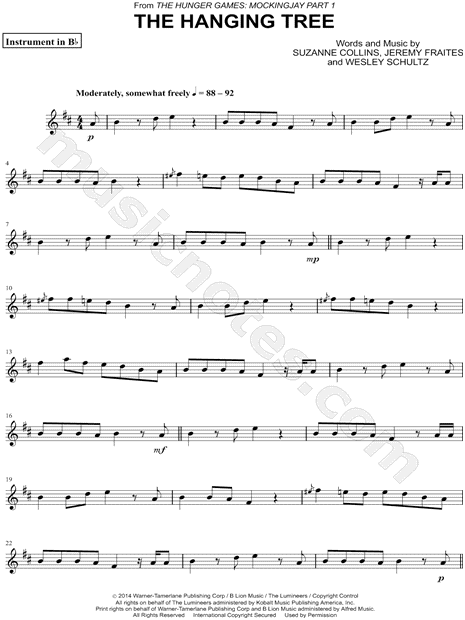 The Hanging Tree - Bb Instrument from 'The Hunger Games: Mockingjay - Part  1' Sheet Music (Trumpet, Clarinet, Soprano Saxophone or Tenor Saxophone) in  B Minor - Download & Print - SKU: MN0145376