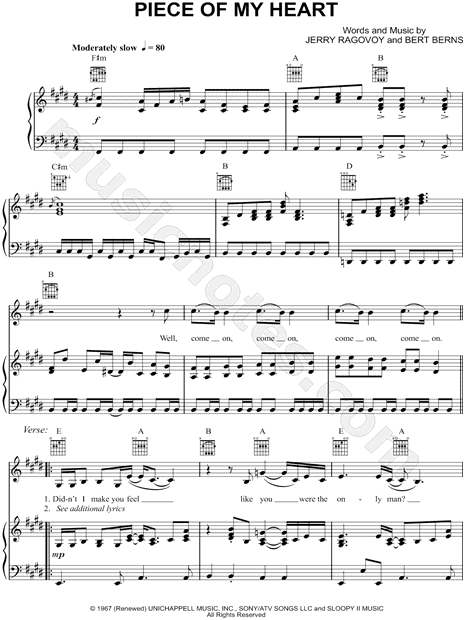 Janis Joplin Piece of My Heart Sheet Music in E Major (transposable) -  Download & Print - SKU: MN0148762