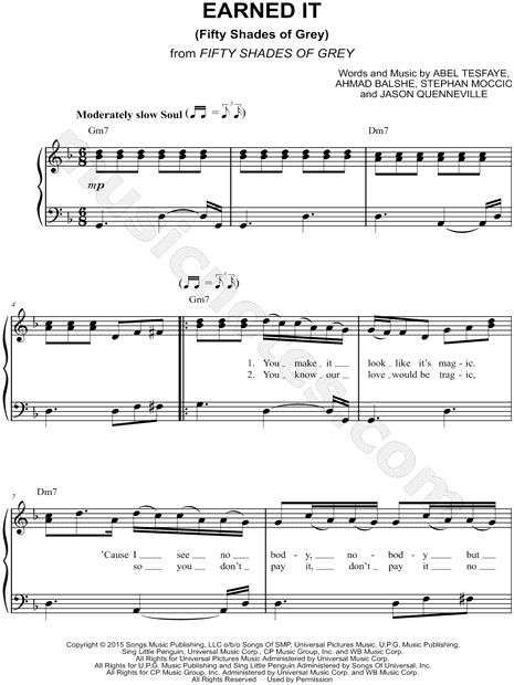 The Weeknd Earned It (Fifty Shades of Grey) Sheet Music (Easy Piano) in D  Minor - Download & Print - SKU: MN0151072