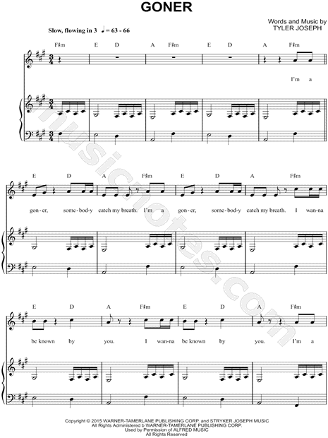 klipning pessimistisk skyde Twenty One Pilots "Goner" Sheet Music in A Major (transposable) - Download  & Print - SKU: MN0152349