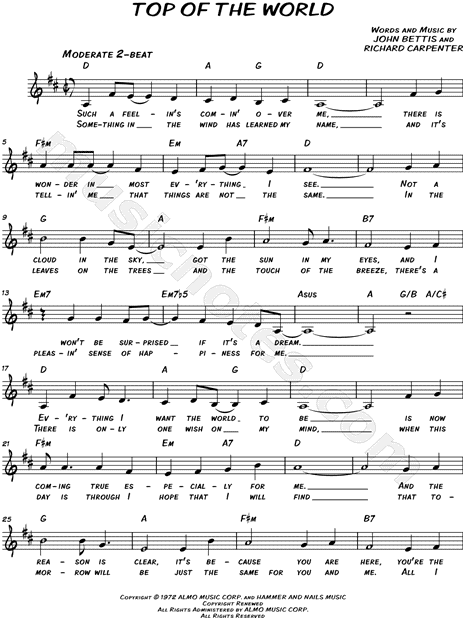 Top Of The World Sheet Music | The Carpenters | Ukulele Chords/Lyrics