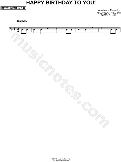Mildred Hill "Happy Birthday to You!" Sheet Music (Cello, Trombone, Bassoon, Baritone Horn or Double Bass) in G Major - Download & Print - SKU: MN0155646