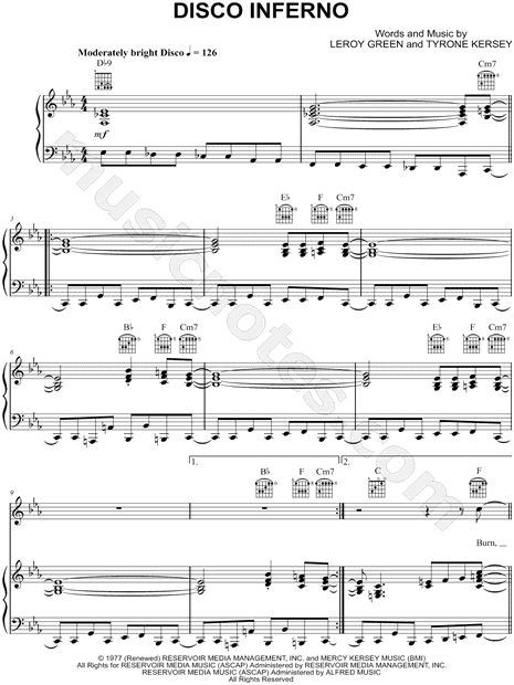 promedio pistón rebanada The Trammps "Disco Inferno" Sheet Music in C Minor (transposable) -  Download & Print - SKU: MN0160355