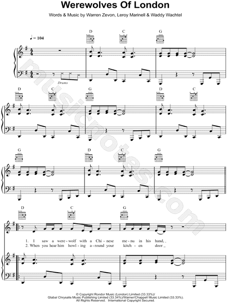 Werewolves Of London Sheet Music | Warren Zevon | Piano, Vocal & Guitar  Chords