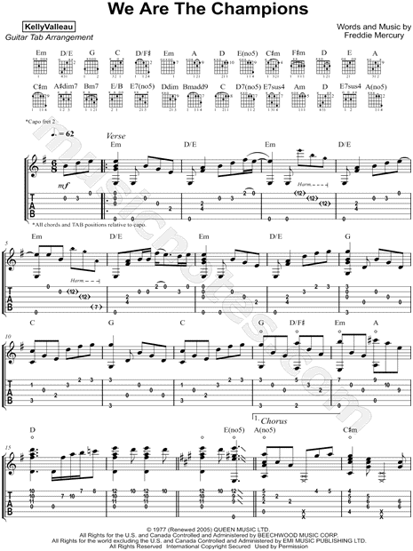 Forstyrre hjemme Agurk Kelly Valleau "We Are the Champions" Guitar Tab in E Minor - Download &  Print - SKU: MN0170239