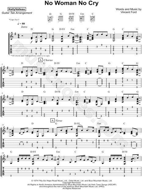 No Woman, No Cry sheet music (intermediate) for piano solo (chords