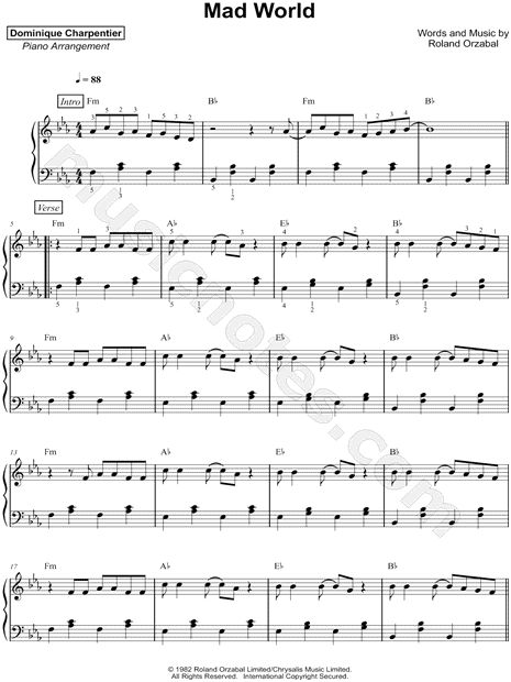 Dominique Charpentier Mad World Sheet Music (Piano Solo) in C Minor -  Download & Print - SKU: MN0171746