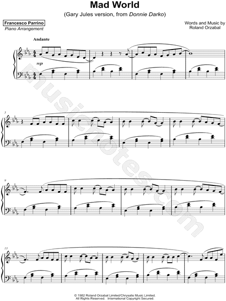 Mad World Sheet Music | Gary Jules | Piano Chords/Lyrics