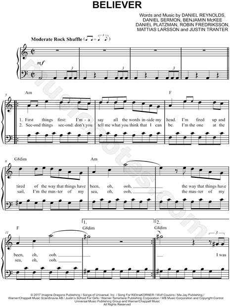 Imagine Dragons Believer Sheet Music Easy Piano In A Minor