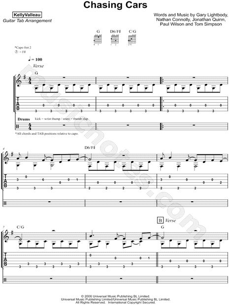 Kelly Valleau Chasing Cars Guitar Tab in G Major - Download & Print -  SKU: MN0181822