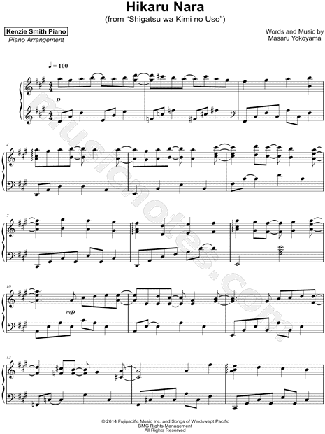 Your Lie in April – Hikaru Nara (Yokoyama) - Piano Sheet Music