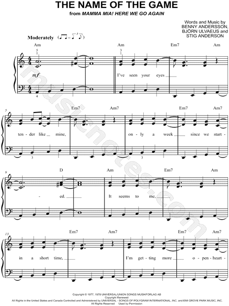 The Name Of The Game (from Mamma Mia!) Sheet Music | ABBA | E-Z Play Today