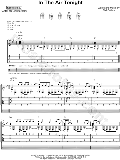 In The Air Tonight Sheet Music | Phil Collins | Guitar Chords/Lyrics