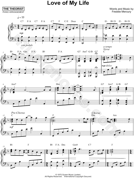 Queen: Love Of My Life sheet music for voice and piano (PDF)