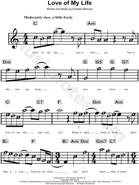 Queen Love of My Life Sheet Music (Easy Piano) in F Major