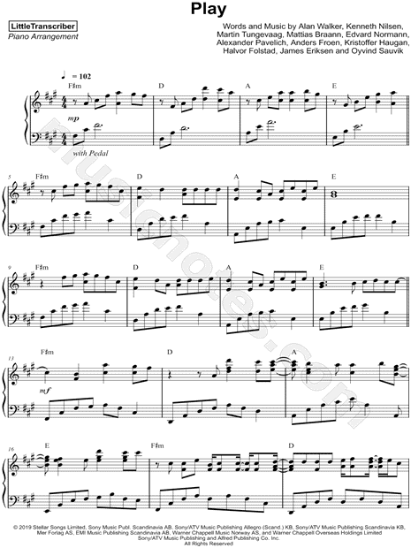 Play – Alan Walker , K-391, Tungevaag, Mangoo – Piano Version Sheet music  for Piano (Solo)